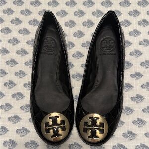 Tory Burch Black Flats with Gold Emblem